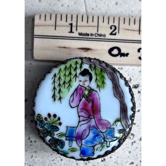 Asian Pewter Pill Case with Mirror Asian woman Sitting on Bench - Picture 7 of 9